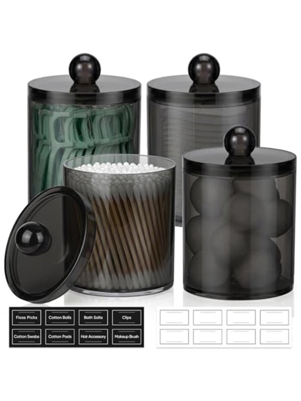 Acrylic Qtip Holder Dispenser 4 pk Black Bathroom Apothecary Jars Vanity Storage